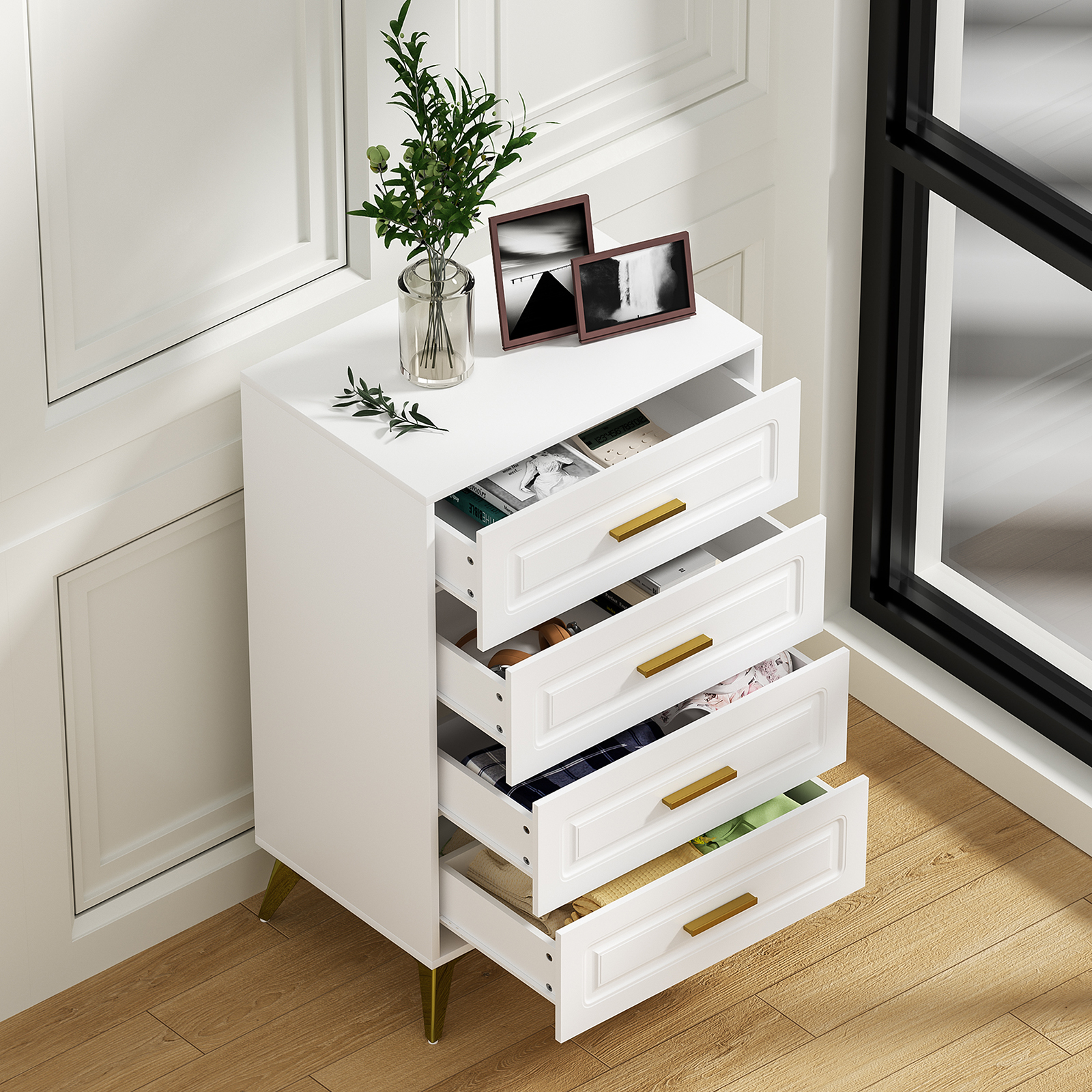 Anmytek White Dresser for Bedroom with 4 Drawers, 15.75" D x 23.62" W x 37.28" H Modern Wood Chest of Drawer, Tall Dresser with Storage for Bedroom Living Room
