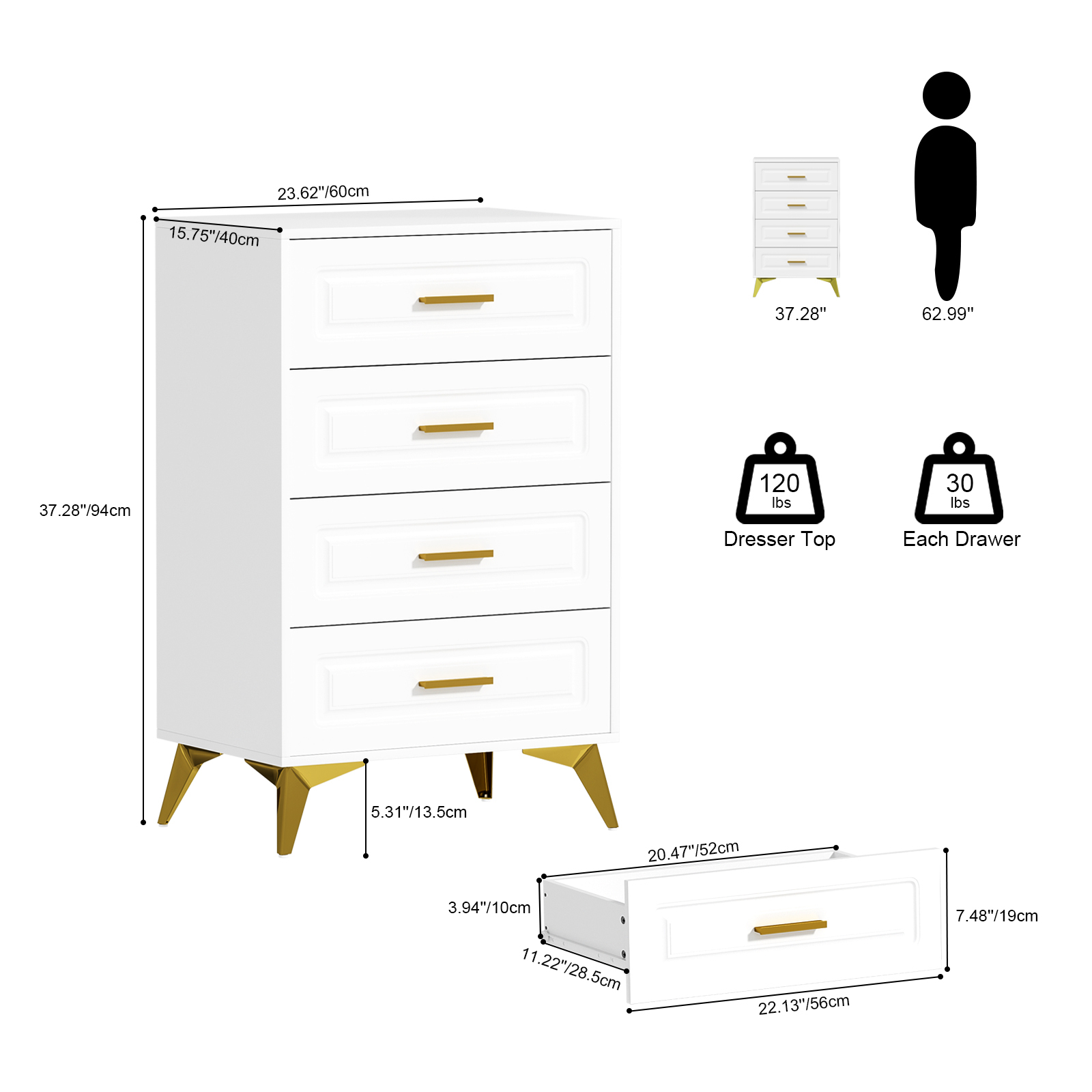 Anmytek White Dresser for Bedroom with 4 Drawers, 15.75" D x 23.62" W x 37.28" H Modern Wood Chest of Drawer, Tall Dresser with Storage for Bedroom Living Room