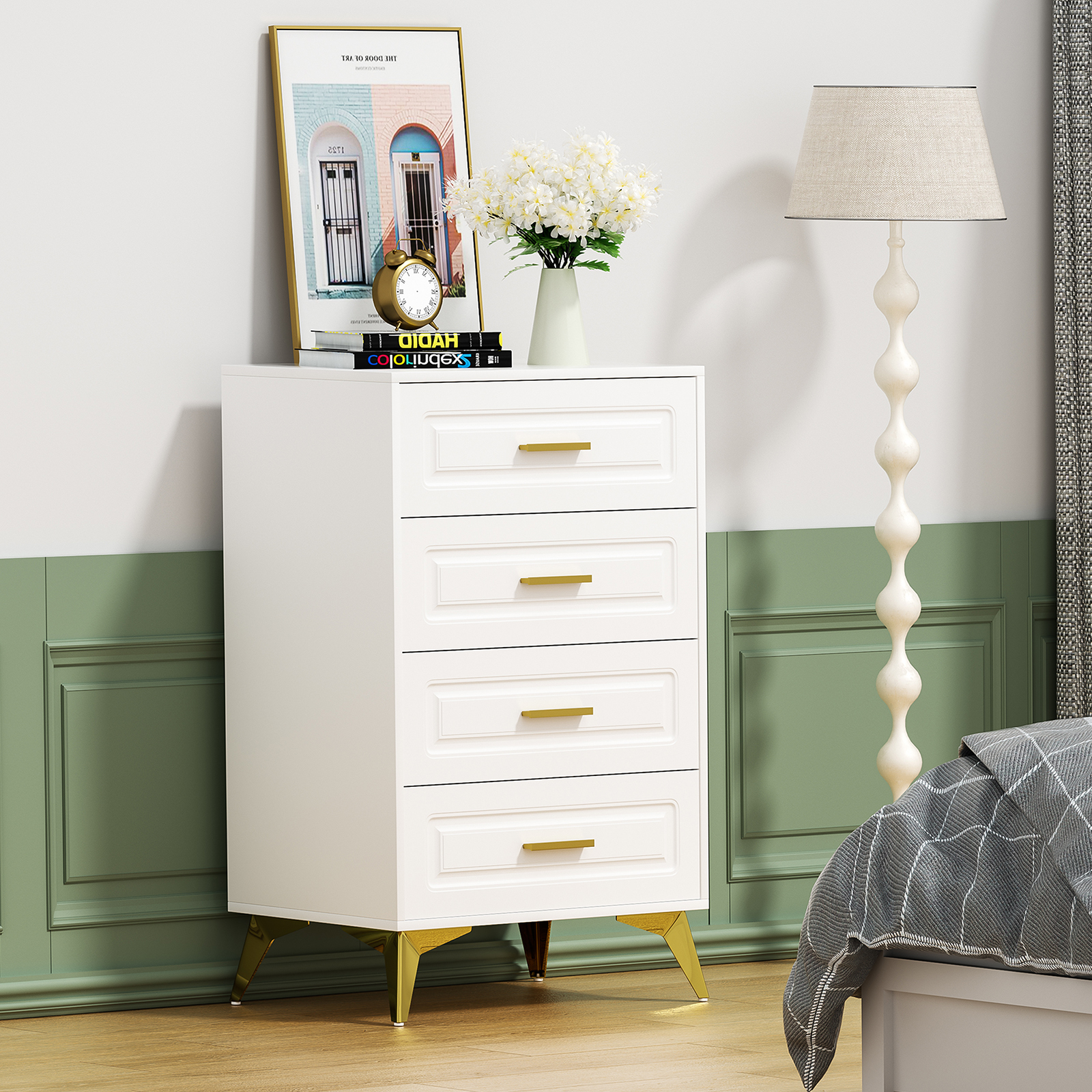 Anmytek White Dresser for Bedroom with 4 Drawers, 15.75" D x 23.62" W x 37.28" H Modern Wood Chest of Drawer, Tall Dresser with Storage for Bedroom Living Room