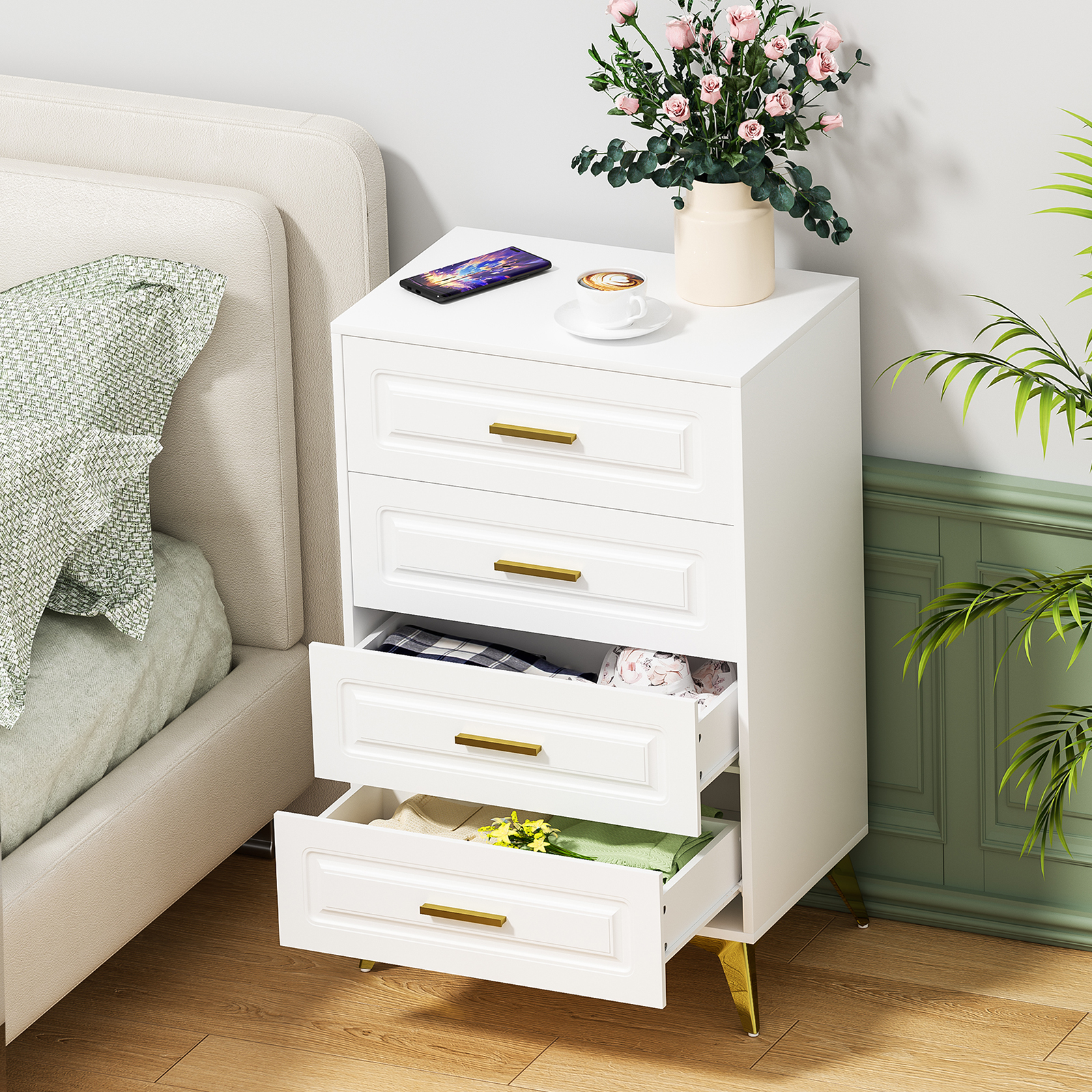 Anmytek White Dresser for Bedroom with 4 Drawers, 15.75" D x 23.62" W x 37.28" H Modern Wood Chest of Drawer, Tall Dresser with Storage for Bedroom Living Room