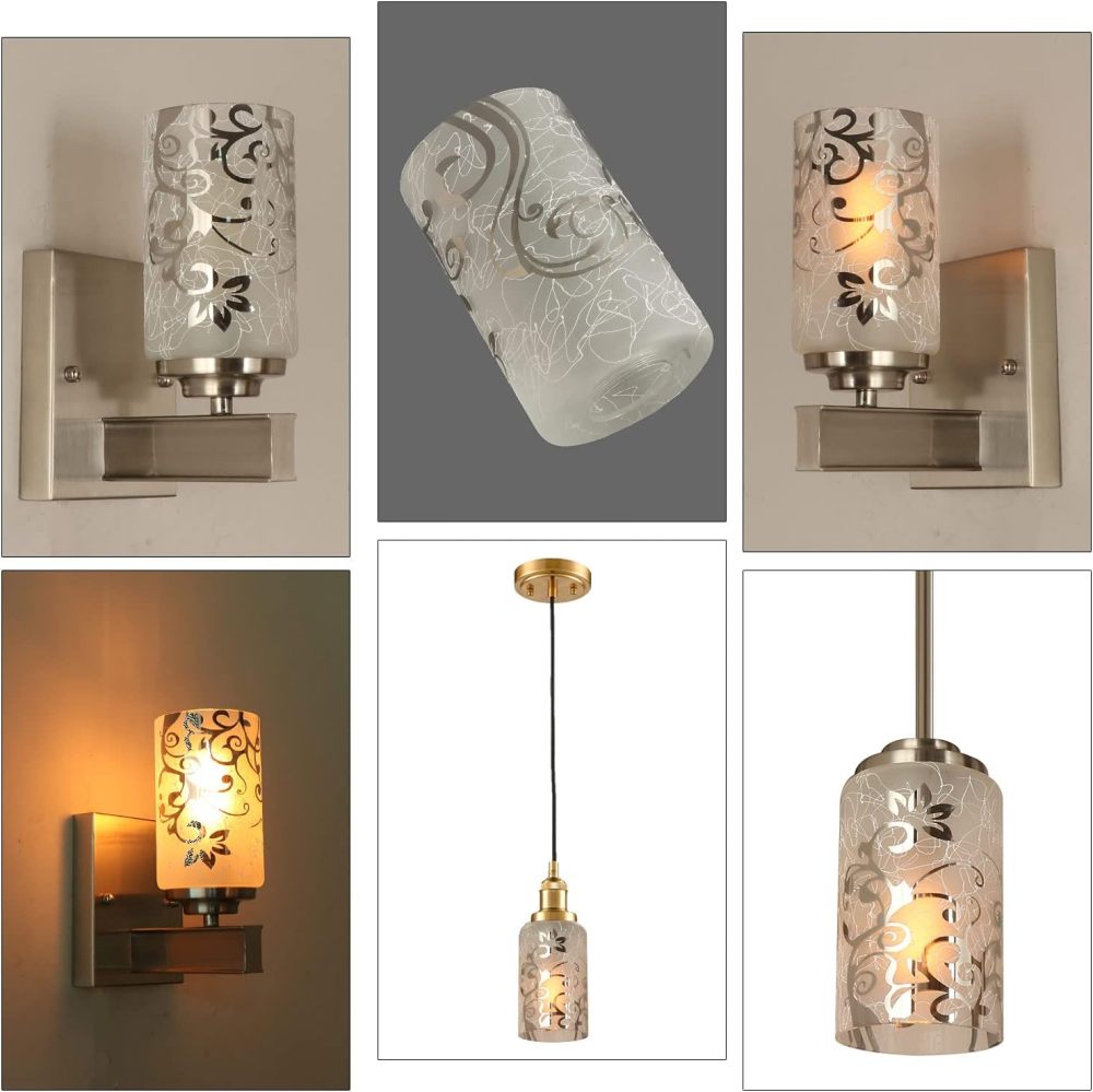 Anmytek Electroplated Floral Pattern Replacement Glass Lamp Shade 3 Pack, Frosted Glass Light Cover for Light Fixture,Glass Shade for Wall Sconce,Kitchen Pendant Light,Bedside Lamp,1 5/8 Inch Fitter