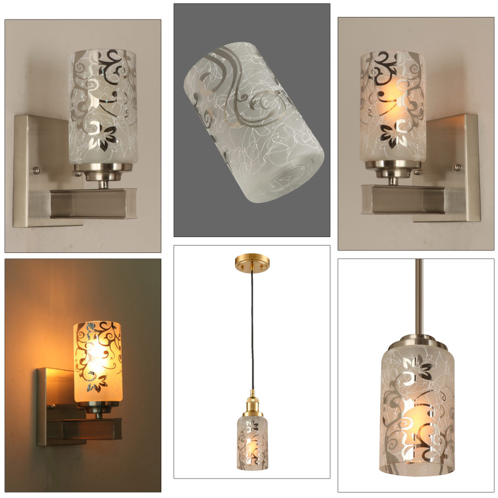 Anmytek Electroplated Floral Pattern Replacement Glass Lamp Shade 2 Pack, Frosted Glass Light Cover for Light Fixture,Glass Shade for Wall Sconce,Kitchen Pendant Light,Bedside Lamp,1 5/8 Inch Fitter