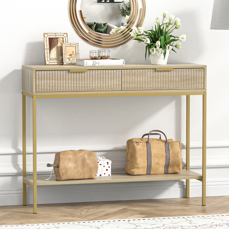 Anmytek Console Table with Storage, Wood Entryway Table with 2 Drawers, Narrow Long Sofa Table Hallway Foyer Table with Storage Shelves Behind Couch Table for Living Room, H0117