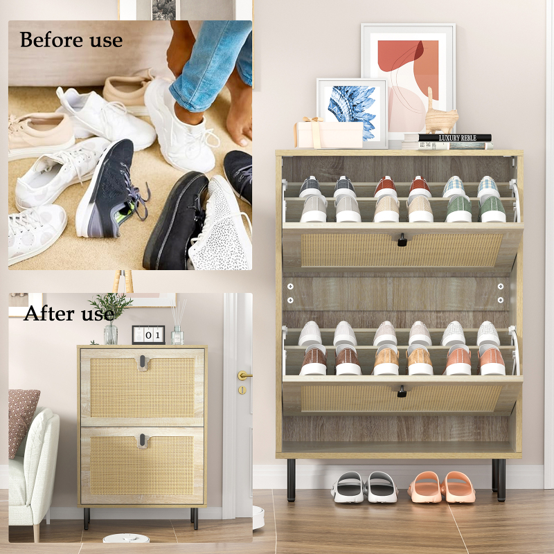 Anmytek Natural Rattan Shoe Cabinet with 2 Flip Drawers, Entrance Hallway Free Standing Shoe Racks Cabinet, Entryway Wooden Shoe Storage Cabinet for Living Room for Heels,Boots,Slippers, S0007