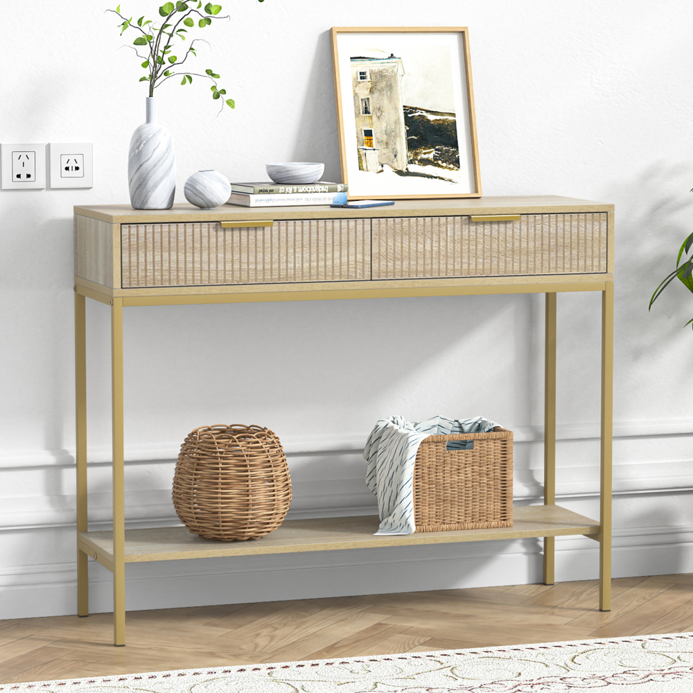 Anmytek Console Table with Storage, Wood Entryway Table with 2 Drawers, Narrow Long Sofa Table Hallway Foyer Table with Storage Shelves Behind Couch Table for Living Room, H0117