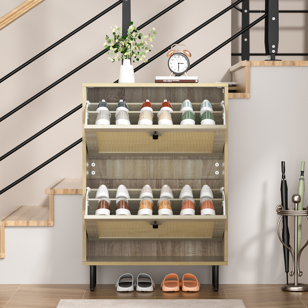Anmytek Natural Rattan Shoe Cabinet with 2 Flip Drawers, Entrance Hallway Free Standing Shoe Racks Cabinet, Entryway Wooden Shoe Storage Cabinet for Living Room for Heels,Boots,Slippers, S0007