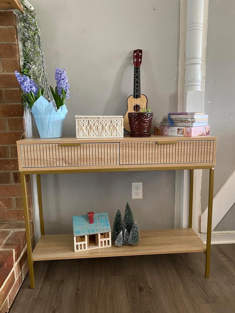 Anmytek Console Table with Storage, Wood Entryway Table with 2 Drawers, Narrow Long Sofa Table Hallway Foyer Table with Storage Shelves Behind Couch Table for Living Room, H0117