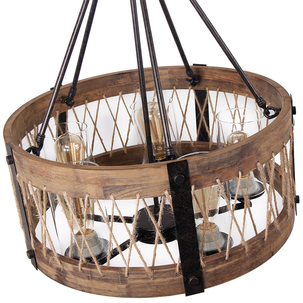 Anmytek Farmhouse 5-Light Chandelier Vintage Hanging Light with Clear Glass Shade Round Wood Pendant Lighting Fixture for Kitchen Island Dining Room