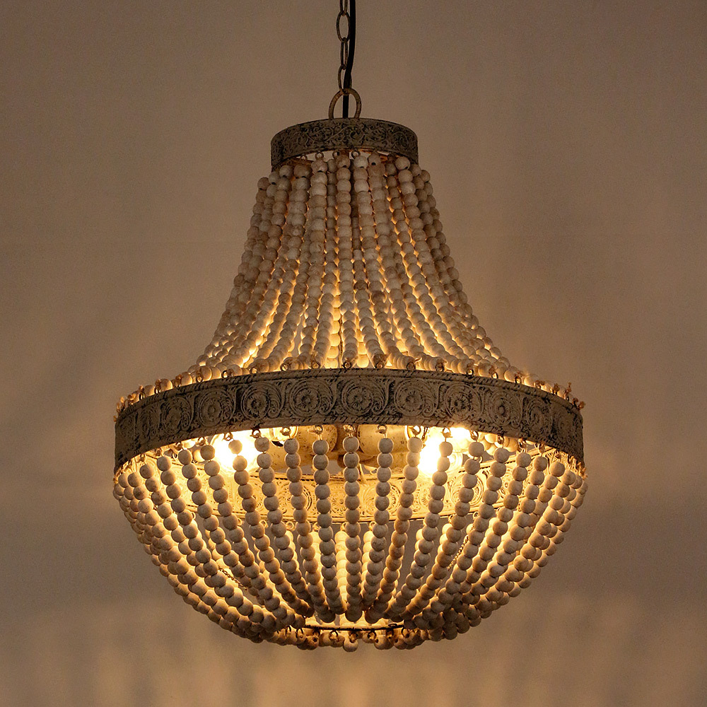 Anmytek Metal and Circular Wood Bead Chandelier Pendant Three Lights Grey White Finishing Retro Vintage Industrial Rustic Ceiling Lamp Light