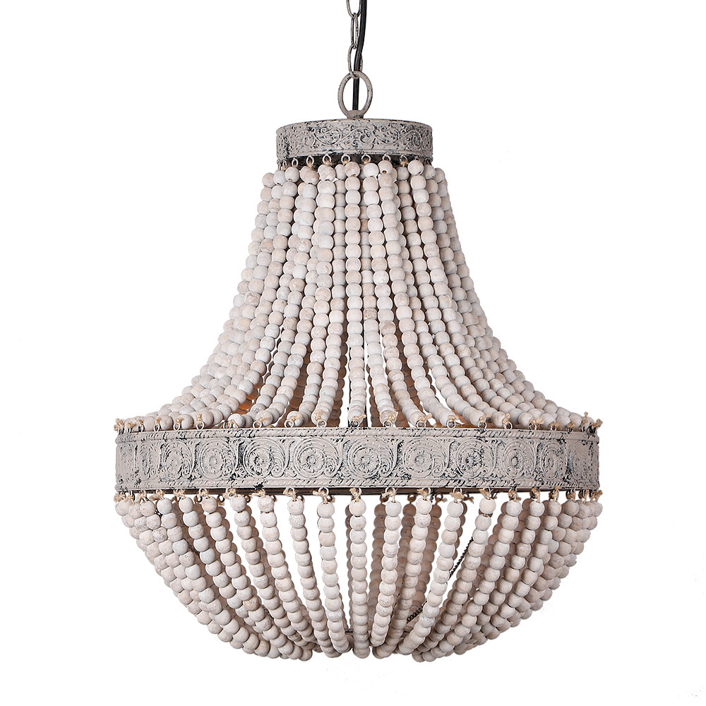 Anmytek Metal and Circular Wood Bead Chandelier Pendant Three Lights Grey White Finishing Retro Vintage Industrial Rustic Ceiling Lamp Light