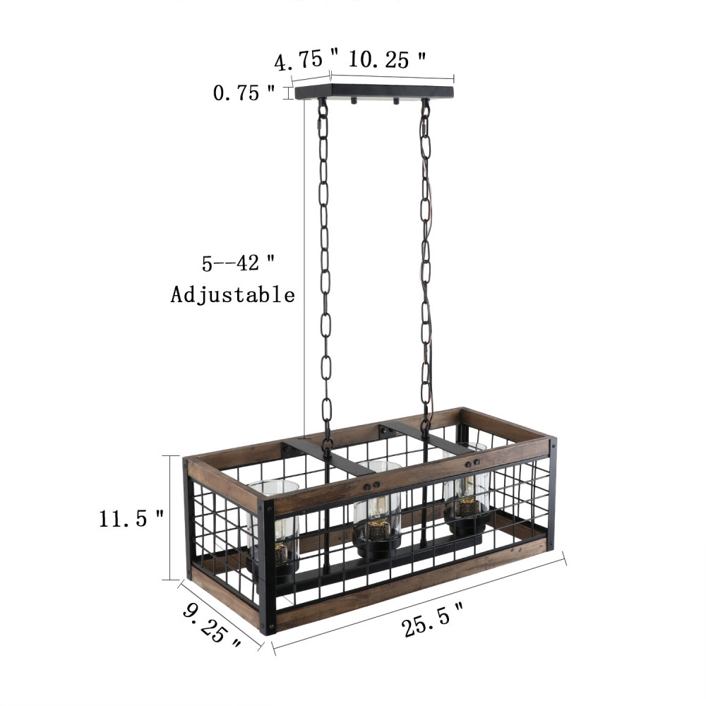 Anmytek Rustic Chandelier Wood Light Fixture with Clear Glass Shades, Farmhouse Dinning Room Caged Pendant Light or Vintage Hanging Lamp 3 Lights