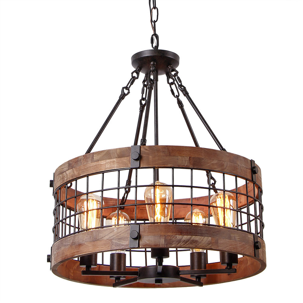Anmytek Round Wooden Chandelier Metal Pendant Five Lights Decorative Lighting Fixture Antique Ceiling Lamp (Five Lights)