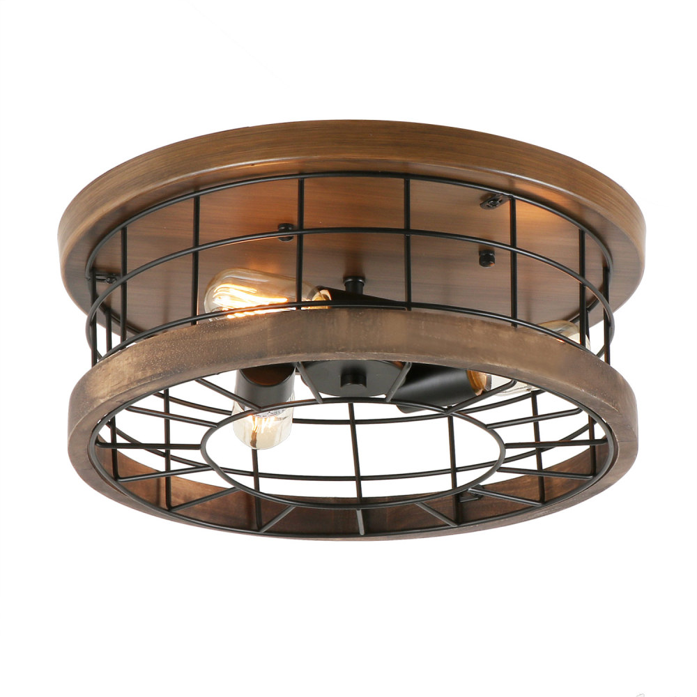 Anmytek Flush Mount Ceiling Light, 15" W Farmhouse Style Metal Wood Ceiling Light Fixture 3-Light Rustic Close to Ceiling Light Fixture for Kitchen Enryway Hallway