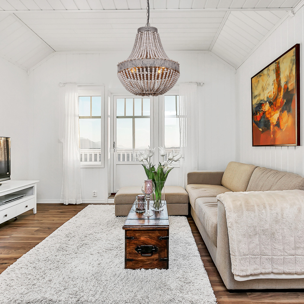 Anmytek Metal and Circular Wood Bead Chandelier Pendant Three Lights Grey White Finishing Retro Vintage Industrial Rustic Ceiling Lamp Light