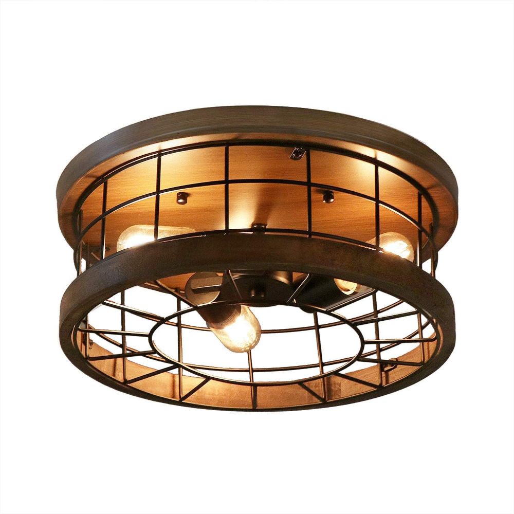 Anmytek Flush Mount Ceiling Light, 15" W Farmhouse Style Metal Wood Ceiling Light Fixture 3-Light Rustic Close to Ceiling Light Fixture for Kitchen Enryway Hallway