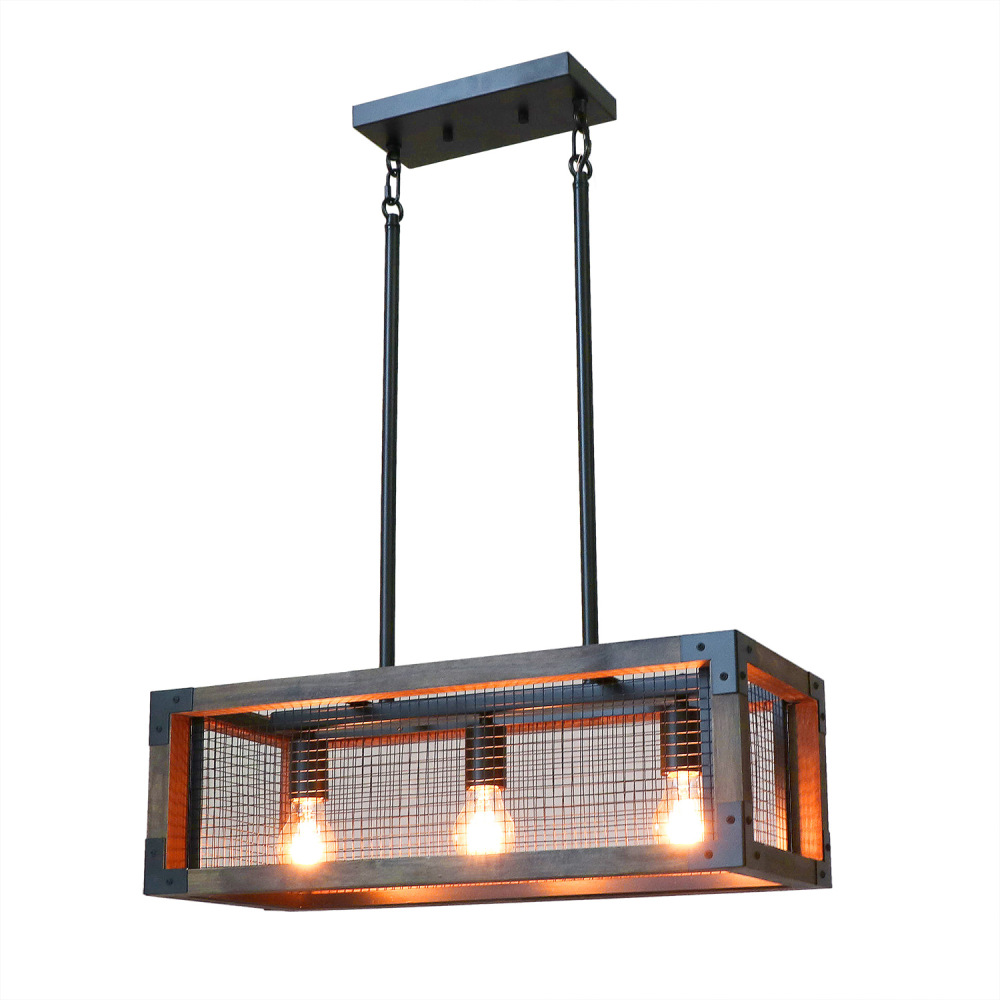 Anmytek Rustic Chandelier Wood Light Fixture, Farmhouse Dinning Room Pendant Light or Vintage Hanging Lamp 3 Lights