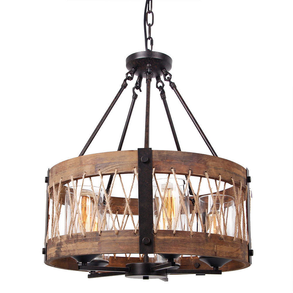 Anmytek Farmhouse 5-Light Chandelier Vintage Hanging Light with Clear Glass Shade Round Wood Pendant Lighting Fixture for Kitchen Island Dining Room