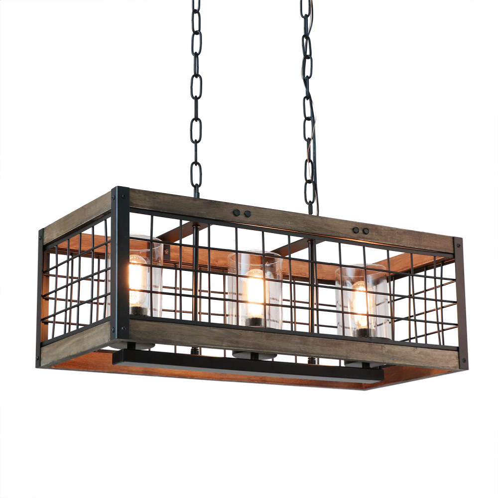 Anmytek Rustic Chandelier Wood Light Fixture with Clear Glass Shades, Farmhouse Dinning Room Caged Pendant Light or Vintage Hanging Lamp 3 Lights