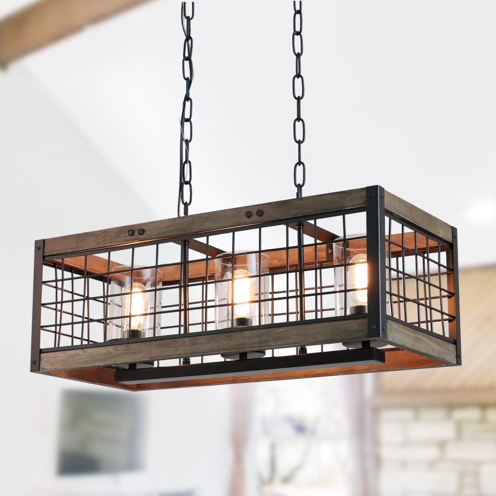 Anmytek Rustic Chandelier Wood Light Fixture with Clear Glass Shades, Farmhouse Dinning Room Caged Pendant Light or Vintage Hanging Lamp 3 Lights
