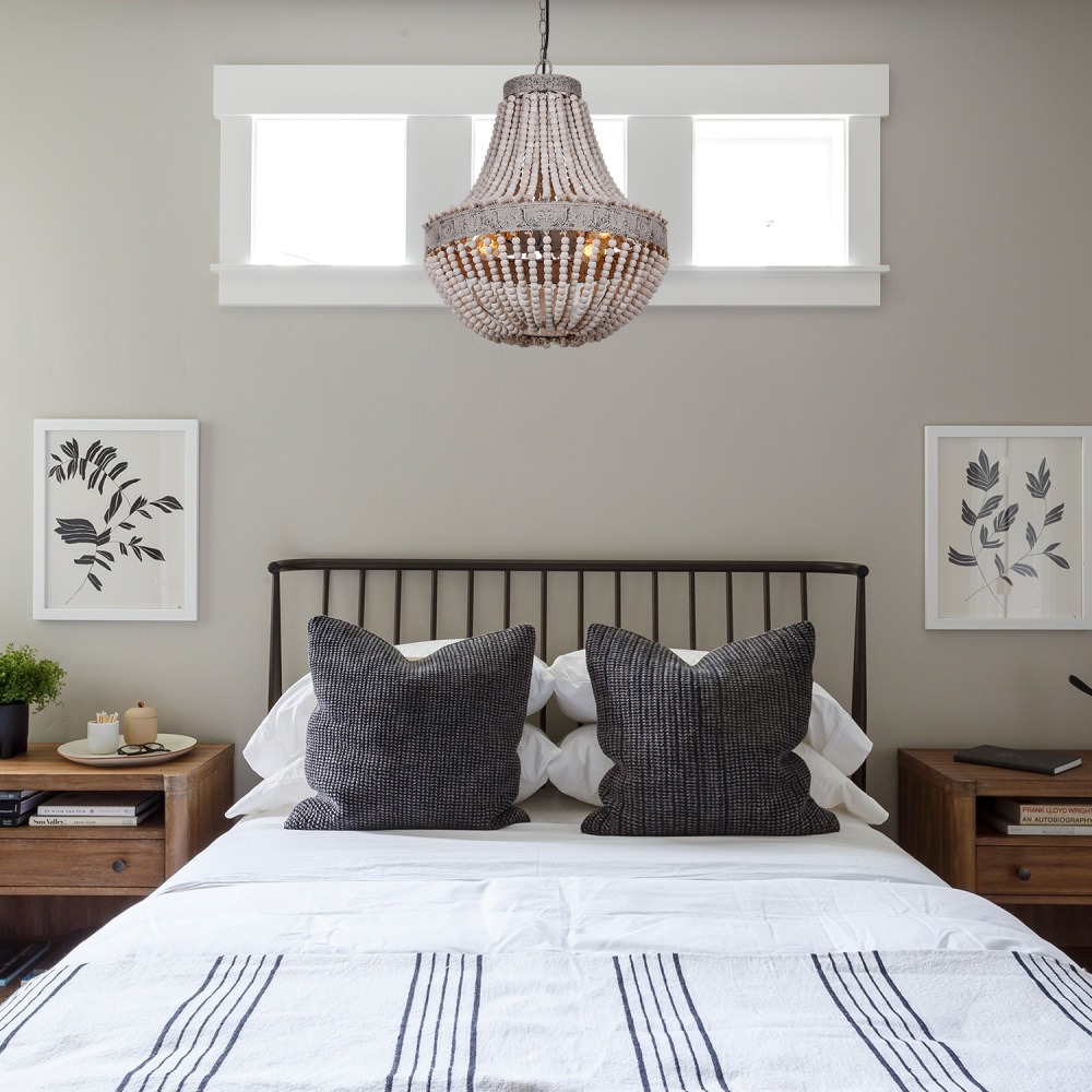 Anmytek Metal and Circular Wood Bead Chandelier Pendant Three Lights Grey White Finishing Retro Vintage Industrial Rustic Ceiling Lamp Light