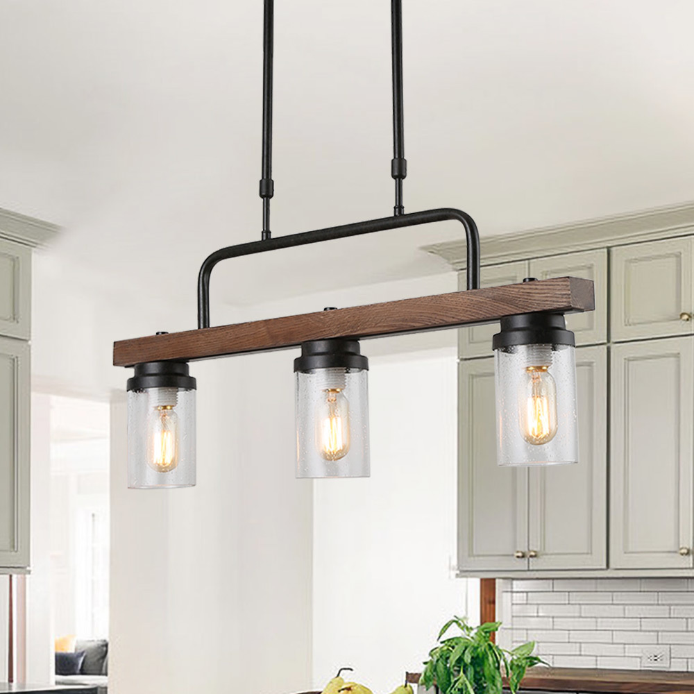 Anmytek Kitchen Island Pendant Lighting with Bubble Glass Shade Industrial Rustic Chandelier Retro Ceiling Light or Edison Vintage Hanging Light Fixture 3-Lights