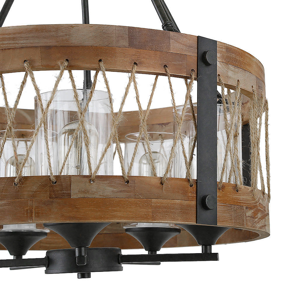 Anmytek Farmhouse 5-Light Chandelier Vintage Hanging Light with Clear Glass Shade Round Wood Pendant Lighting Fixture for Kitchen Island Dining Room