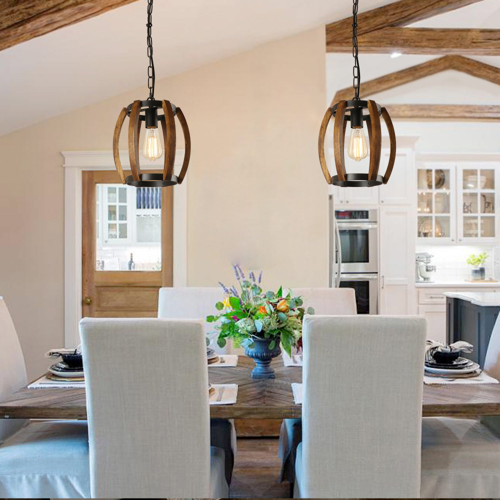 Anmytek Pumpkin Round Kitchen Island Pendant Light, Rustic Wood Frame Lamp Vintage Hanging Light Dinning Table Light Fixture 1 Light