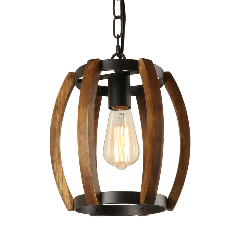 Anmytek Pumpkin Round Kitchen Island Pendant Light, Rustic Wood Frame Lamp Vintage Hanging Light Dinning Table Light Fixture 1 Light