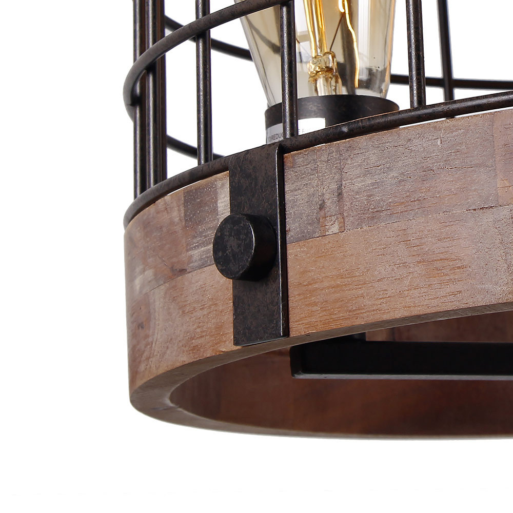 Anmytek Round Wooden Chandelier Metal Pendant Three Lights Decorative Lighting Fixture Retro Rustic Antique Ceiling Lamp (Three Lights)