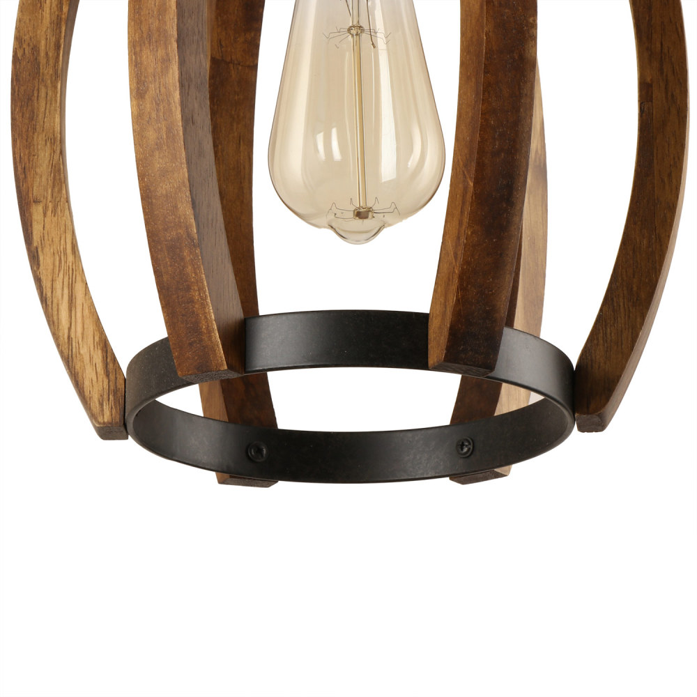 Anmytek Pumpkin Round Kitchen Island Pendant Light, Rustic Wood Frame Lamp Vintage Hanging Light Dinning Table Light Fixture 1 Light