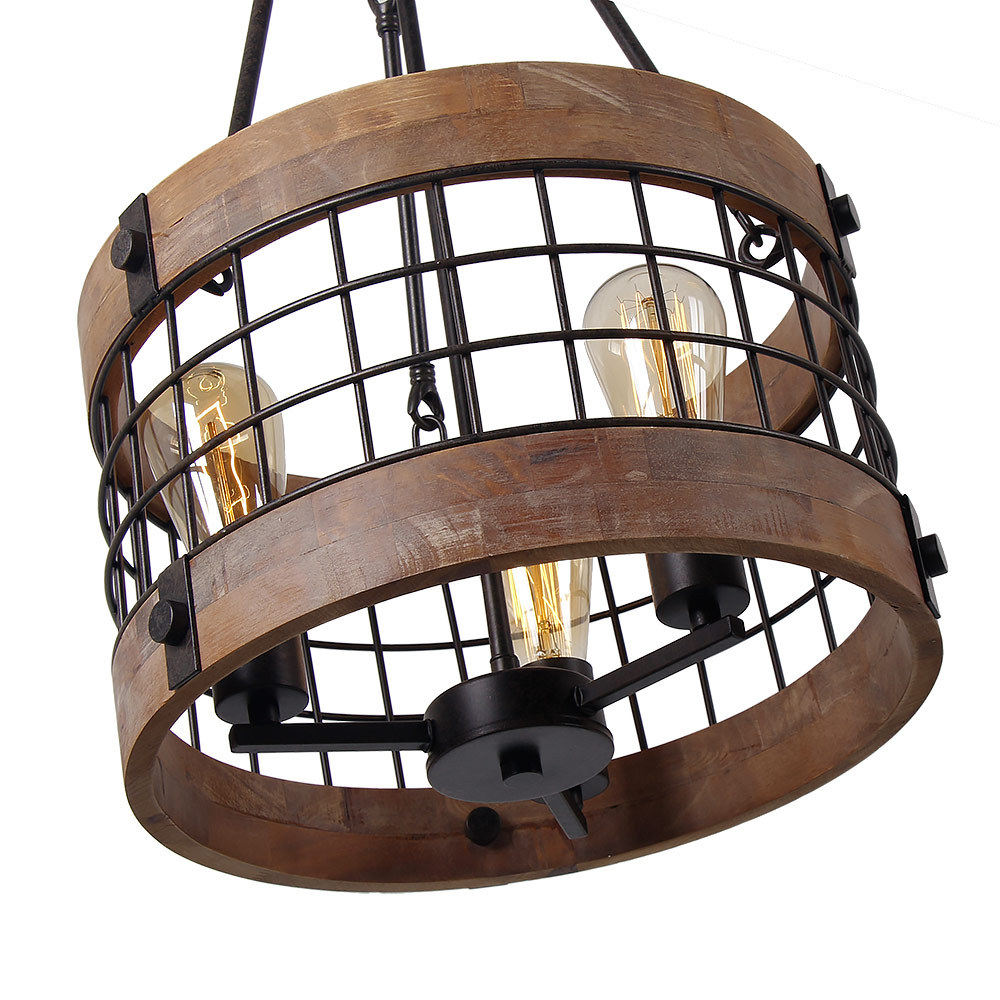 Anmytek Round Wooden Chandelier Metal Pendant Three Lights Decorative Lighting Fixture Retro Rustic Antique Ceiling Lamp (Three Lights)