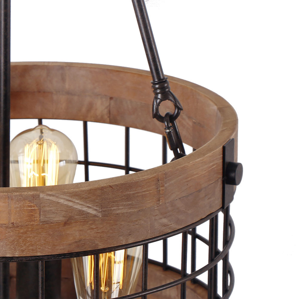 Anmytek Round Wooden Chandelier Metal Pendant Three Lights Decorative Lighting Fixture Retro Rustic Antique Ceiling Lamp (Three Lights)