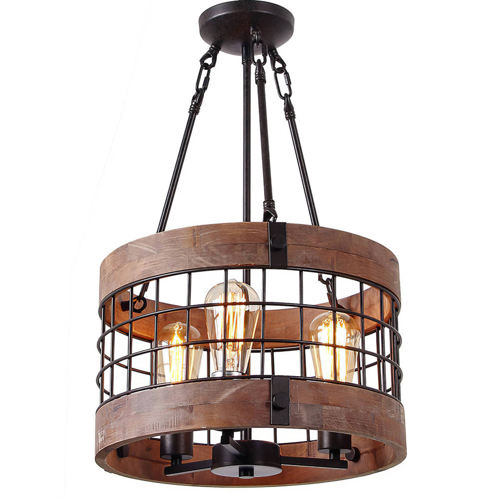 Anmytek Round Wooden Chandelier Metal Pendant Three Lights Decorative Lighting Fixture Retro Rustic Antique Ceiling Lamp (Three Lights)