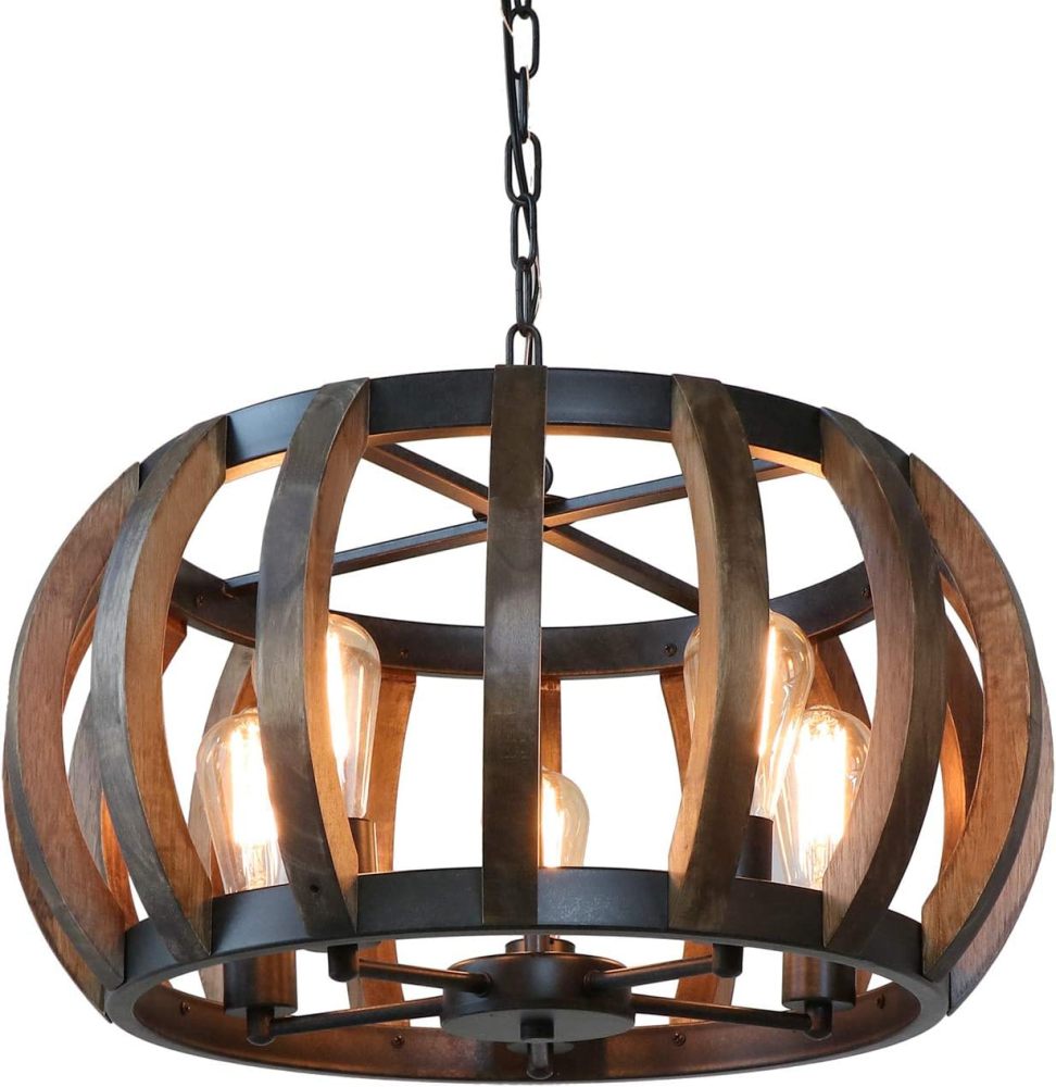 Anmytek Pumpkin Round Pendant Light Vintage Rustic Wood Frame Lamp Adjustable Chain Chandelier E26 Base Bulb Hanging Lighting Kitchen Island Dining Room Ceiling Light Fixture 5-Light
