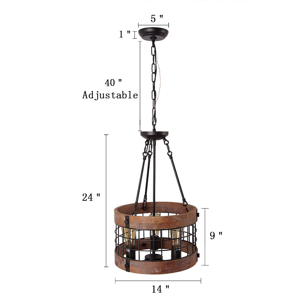 Anmytek Round Wooden Chandelier Metal Pendant Three Lights Decorative Lighting Fixture Retro Rustic Antique Ceiling Lamp (Three Lights)