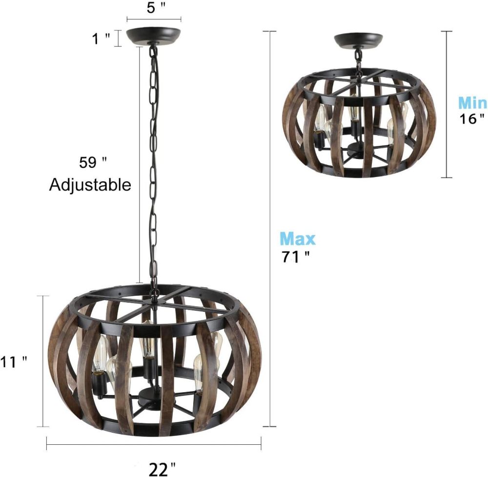 Anmytek Pumpkin Round Pendant Light Vintage Rustic Wood Frame Lamp Adjustable Chain Chandelier E26 Base Bulb Hanging Lighting Kitchen Island Dining Room Ceiling Light Fixture 5-Light