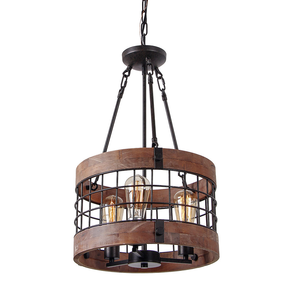 Anmytek Round Wooden Chandelier Metal Pendant Three Lights Decorative Lighting Fixture Retro Rustic Antique Ceiling Lamp (Three Lights)