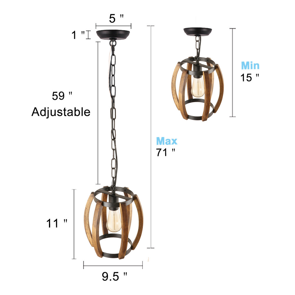 Anmytek Pumpkin Round Kitchen Island Pendant Light, Rustic Wood Frame Lamp Vintage Hanging Light Dinning Table Light Fixture 1 Light