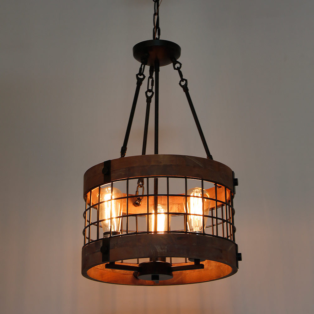 Anmytek Round Wooden Chandelier Metal Pendant Three Lights Decorative Lighting Fixture Retro Rustic Antique Ceiling Lamp (Three Lights)