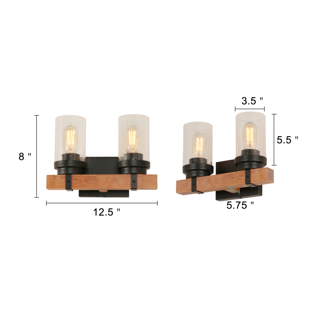 Anmytek Farmhouse Wall Sconce Light Fixtures Wood Metal 2-Light Bathroom Vanity Lights Over Mirror with Bubble Glass Shade for Bedroom,Kitchen,Living Room,Hallway