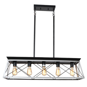 Anmytek Farmhouse Linear Chandelier 5 Lights, Industrial Dining Room Metal Rectangular Pendant Lamp Rustic Hanging Lighting Fixture Black White