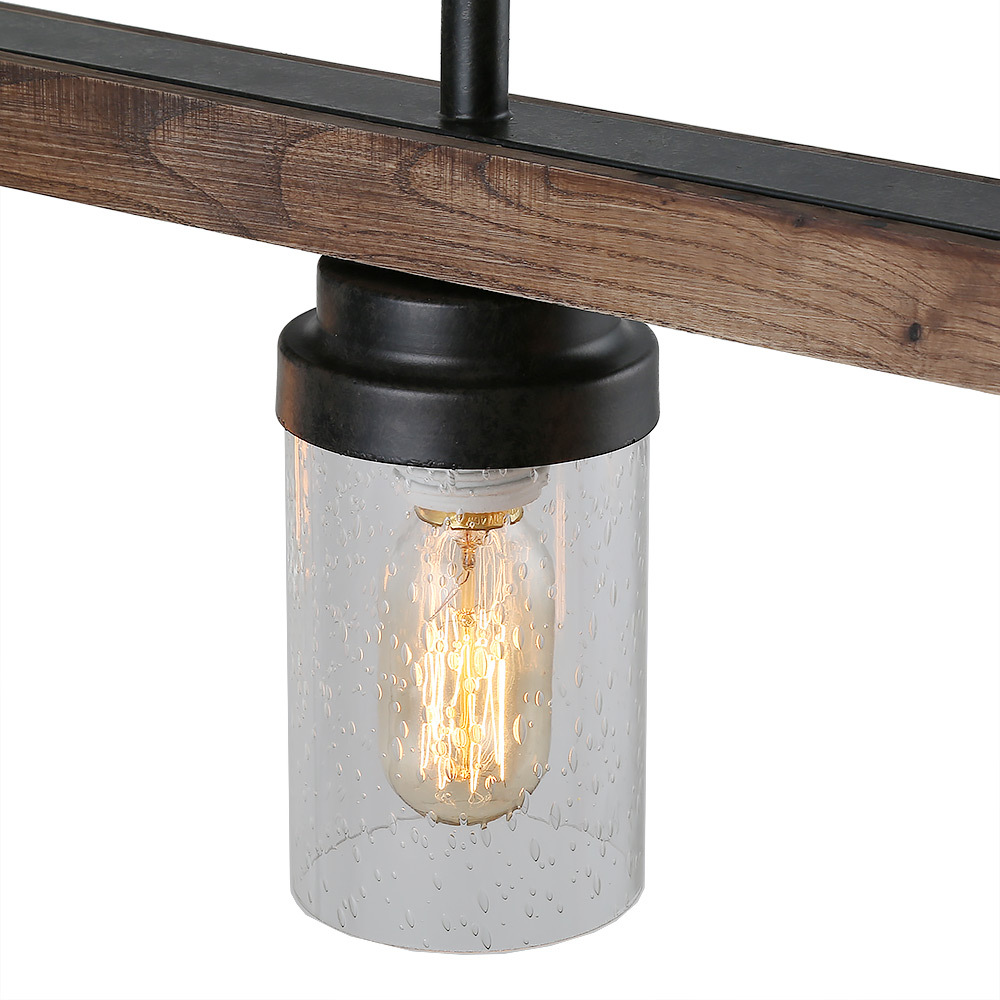 Anmytek Farmhouse Wooden Chandelier Island Pendant Light Vintage Trapezoidal Frame 3-Light Hanging Ceiling Light Fixture for Kitchen Living Room