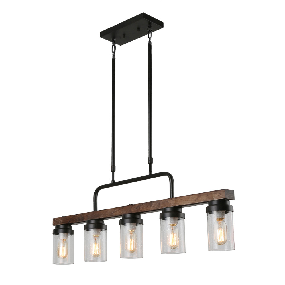 Anmytek Farmhouse Wooden Chandelier Island Pendant Light Vintage Trapezoidal Frame 3-Light Hanging Ceiling Light Fixture for Kitchen Living Room
