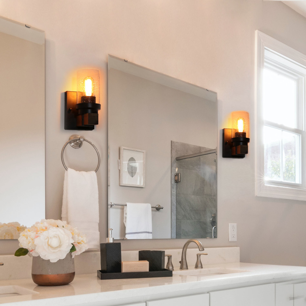 Anmytek Vanity Lights, Bathroom Fixtures in Rustic Wood Farmhouse Wall Sconces with Bubble Glass Shade for Bedroom,Kitchen,Living Room,Hallway