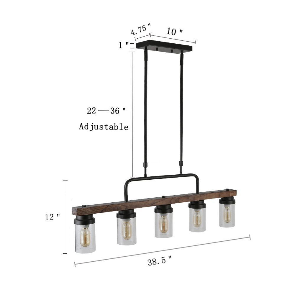 Anmytek Farmhouse Wooden Chandelier Island Pendant Light Vintage Trapezoidal Frame 3-Light Hanging Ceiling Light Fixture for Kitchen Living Room