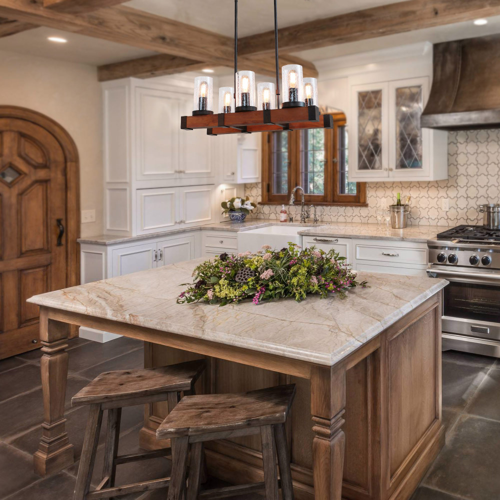 Anmytek Farmhouse Chandeliers for Dining Room, 6 Lights Chandeliers with Glass Shades Vintage Pendant Lighting Fixture