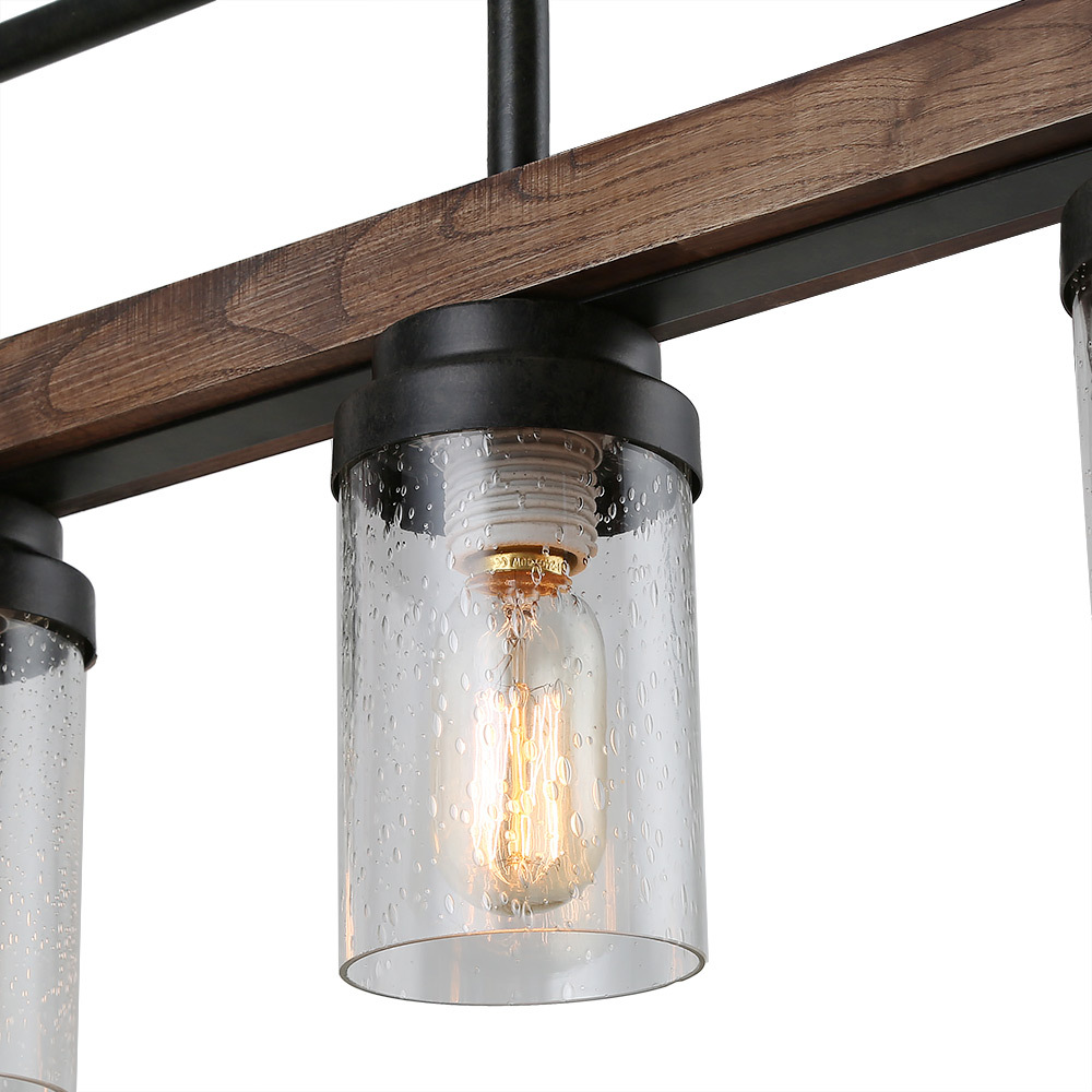 Anmytek Farmhouse Wooden Chandelier Island Pendant Light Vintage Trapezoidal Frame 3-Light Hanging Ceiling Light Fixture for Kitchen Living Room