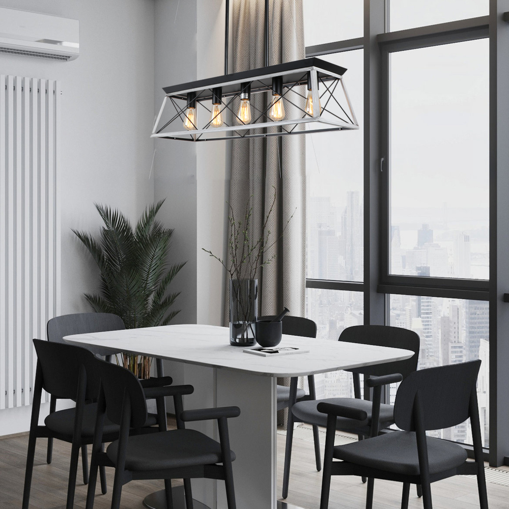 Anmytek Farmhouse Linear Chandelier 5 Lights, Industrial Dining Room Metal Rectangular Pendant Lamp Rustic Hanging Lighting Fixture Black White