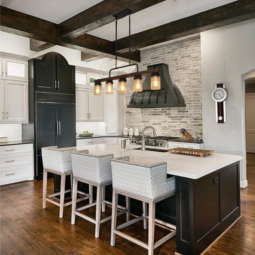 Anmytek Farmhouse Wooden Chandelier Island Pendant Light Vintage Trapezoidal Frame 3-Light Hanging Ceiling Light Fixture for Kitchen Living Room