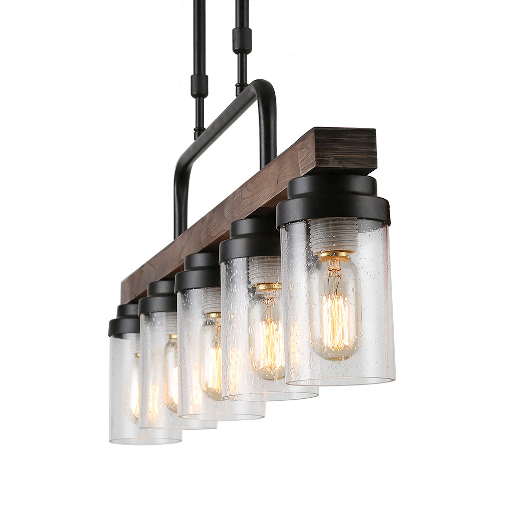Anmytek Farmhouse Wooden Chandelier Island Pendant Light Vintage Trapezoidal Frame 3-Light Hanging Ceiling Light Fixture for Kitchen Living Room